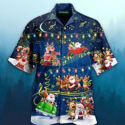Beautiful Christmas Music Santa Claus Cute Cartoon Pattern Hawaiian Shirt, Hawaiian Shirt Gift, Christmas Gift
