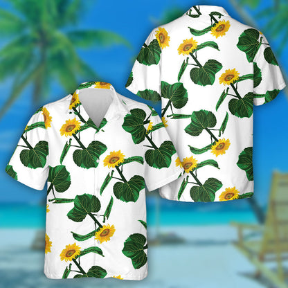 Design Illustration With Sunflowers With Leaves On White Background Hawaiian Shirt, Hawaiian Shirt Gift, Christmas Gift