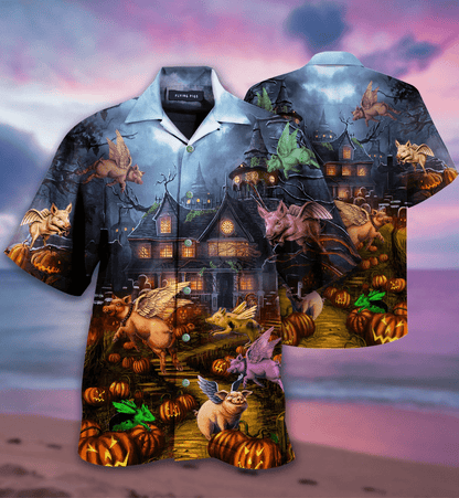 Flying Pigs On Halloween Night Background Hawaiian Shirt,Hawaiian Shirt Gift, Christmas Gift