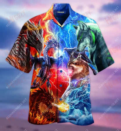 Dragons Wolves Short Hawaiian Shirt Vacation Aloha Shirt Custom Hawaiian Shirts Funny Hawaiian Shirts, Hawaiian Shirt Gift, Christmas Gift