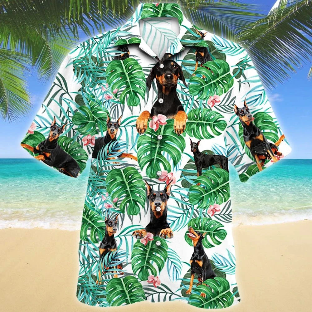 Doberman Pinscher Dog Tropical Plant Montera Leaves Pattern Hawaiian Shirt, Hawaiian Shirt Gift, Christmas Gift