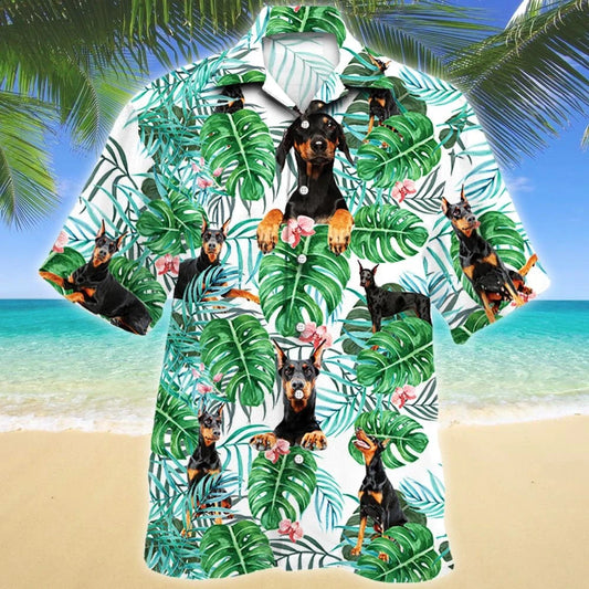 Doberman Pinscher Dog Tropical Plant Montera Leaves Pattern Hawaiian Shirt, Hawaiian Shirt Gift, Christmas Gift