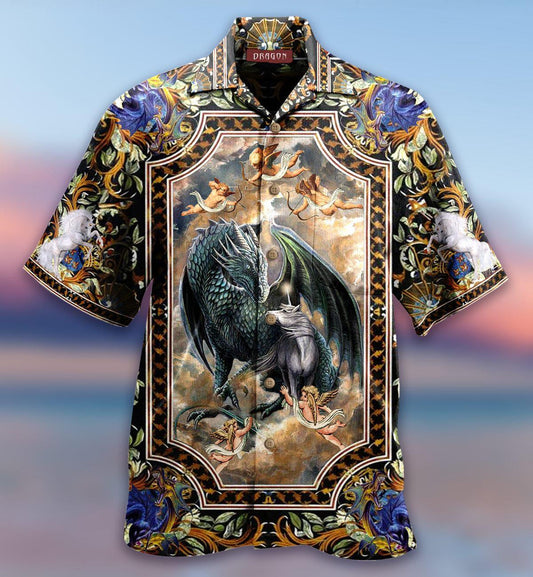 Fantasy Dragon And Little Angels In Sky Design Hawaiian Shirt, Hawaiian Shirt Gift, Christmas Gift