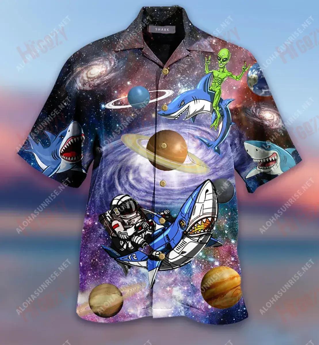 Sharks In The Space Short Hawaiian Shirt Vacation Hawaiian T Shirts Tropical Shirts For Men Funny Hawaiian Shirts, Hawaiian Shirt Gift, Christmas Gift