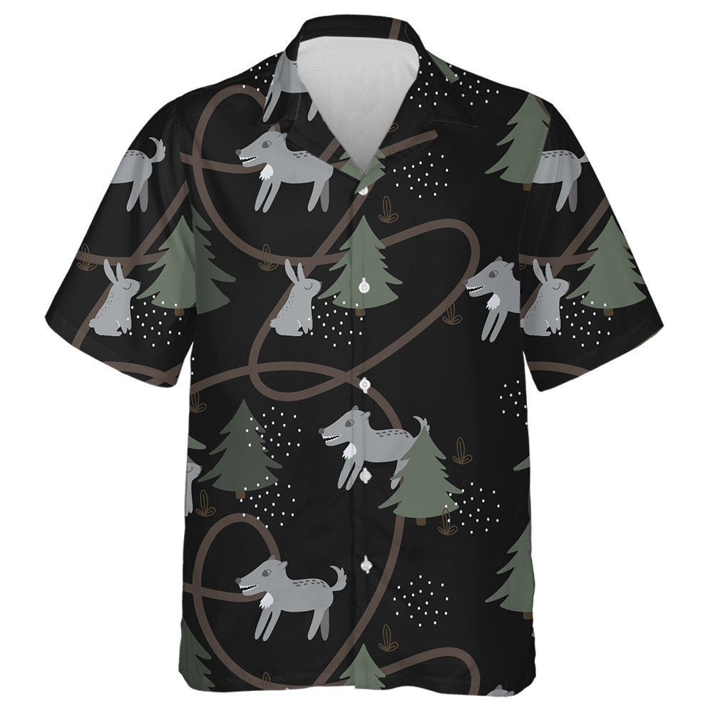 Grey Hares And Wolf In The Forest Black Background Hawaiian Shirt, Hawaiian Shirt Gift, Christmas Gift