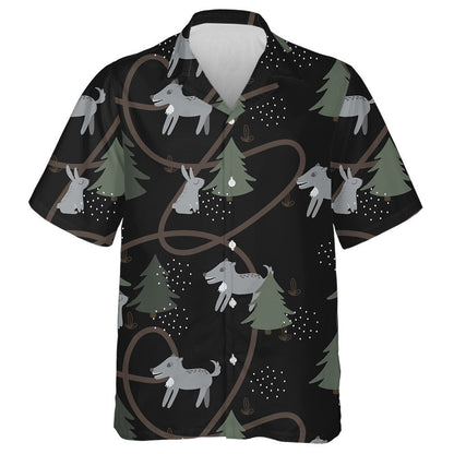 Grey Hares And Wolf In The Forest Black Background Hawaiian Shirt, Hawaiian Shirt Gift, Christmas Gift