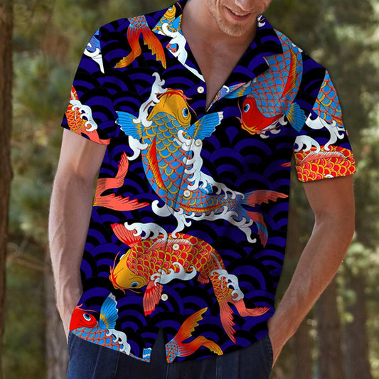 Japanese Koi Fish On Navy And Black Wavy Pattern Hawaiian Shirt, Hawaiian Shirt Gift, Christmas Gift