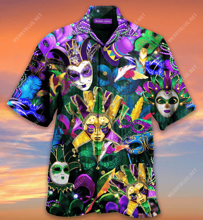 Mardi Gras Masks Hawaiian Aloha Shirt Hawaiian Shorts Beach Short Sleeve, Hawaiian Shirt Gift, Christmas Gift