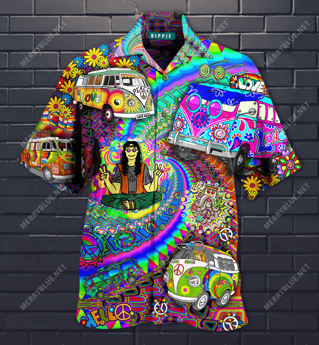 Love Hippie Forever Hawaiian Aloha Shirt Hawaiian Shorts Beach Short Sleeve, Hawaiian Shirt Gift, Christmas Gift