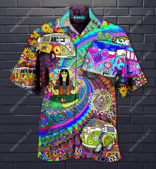Love Hippie Forever Hawaiian Aloha Shirt Hawaiian Shorts Beach Short Sleeve, Hawaiian Shirt Gift, Christmas Gift