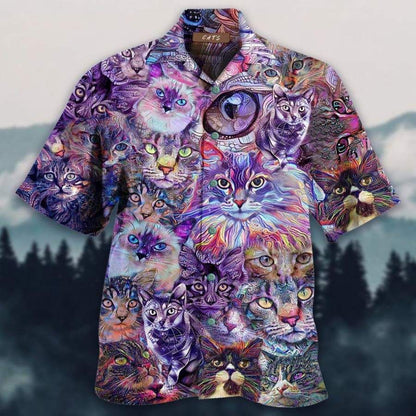 Colorful Galaxy Cat Hawaiian Aloha Shirts Hawaiian Shorts Beach Short Sleeve, Hawaiian Shirt Gift, Christmas Gift