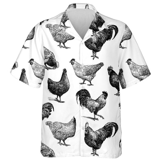 Chicken Rooster And Hen By Black And White Color Hawaiian Shirt, Hawaiian Shirt Gift, Christmas Gift