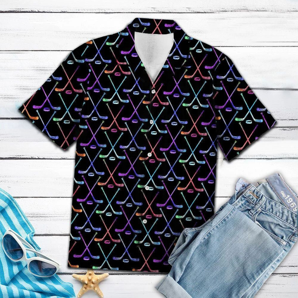 Hawaiian Shirt Bright Neon Hockey Sticks And Balls In Black, Hawaiian Shirt Gift, Christmas Gift