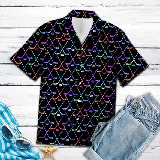 Hawaiian Shirt Bright Neon Hockey Sticks And Balls In Black, Hawaiian Shirt Gift, Christmas Gift