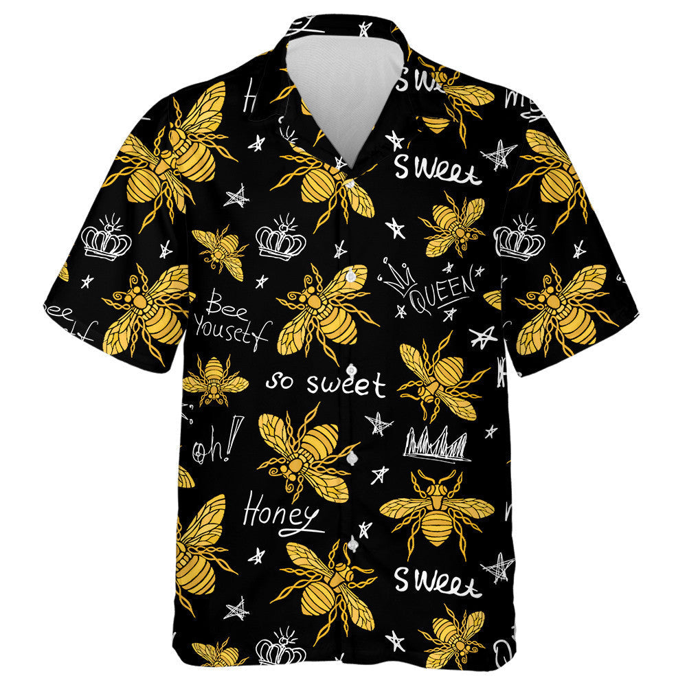 Black And Yellow Hand Drawn Golden Honey Bee Hawaiian Shirt, Hawaiian Shirt Gift, Christmas Gift