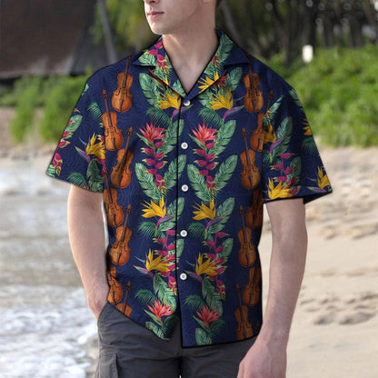 Hawaiian Shirt Brown Violin Among Paradise Flowers And Leaves, Hawaiian Shirt Gift, Christmas Gift