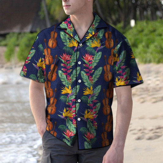 Hawaiian Shirt Brown Violin Among Paradise Flowers And Leaves, Hawaiian Shirt Gift, Christmas Gift
