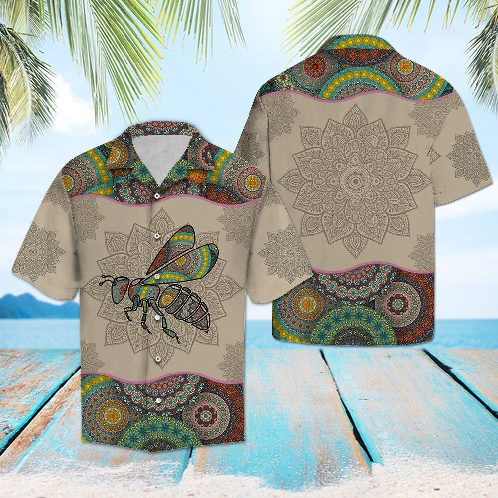Brown Background Bee Mandala Flower Patchwork Pattern Hawaiian Shirt, Hawaiian Shirt Gift, Christmas Gift
