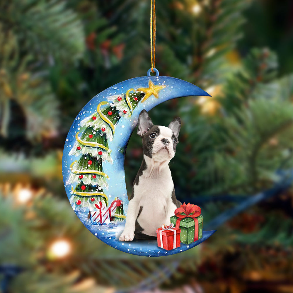 Boston Terrier Sit On The Blue Moon-Two Sided Christmas Plastic Hanging Ornament, Christmas Ornament Gift, Christmas Gift, Christmas Decoration