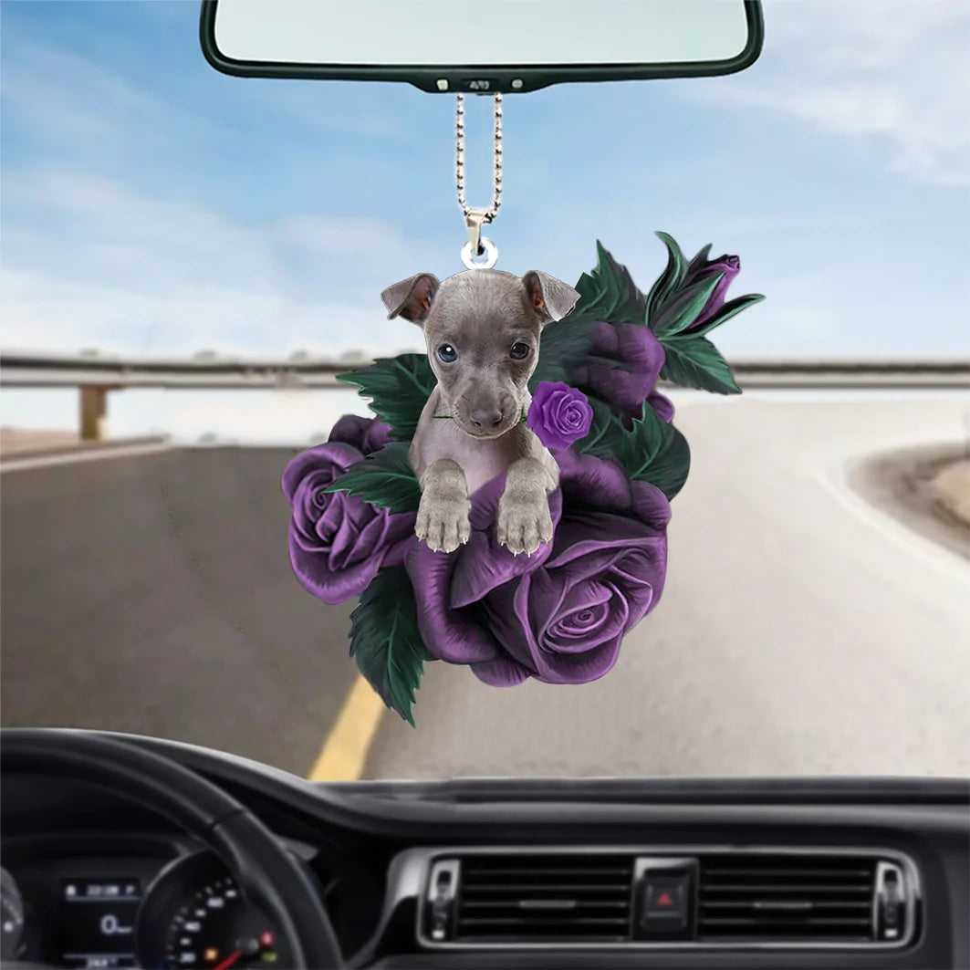 Italian Greyhound In Purple Rose Car Hanging Ornament, Christmas Decoration
