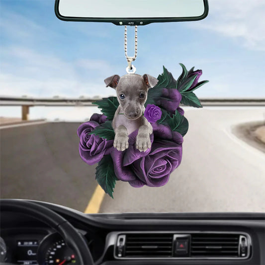 Italian Greyhound In Purple Rose Car Hanging Ornament, Christmas Decoration