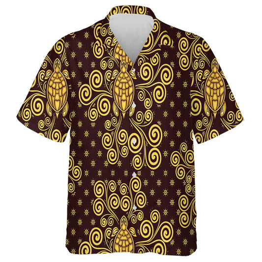 Sea Batik Theme With Gold Turtle On Brown Hawaiian Shirt, Hawaiian Shirt Gift, Christmas Gift