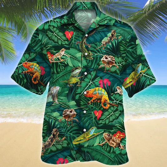 Colorful Lizard Lovers Summer Beach Palm Tree Pattern Hawaiian Shirt, Hawaiian Shirt Gift, Christmas Gift