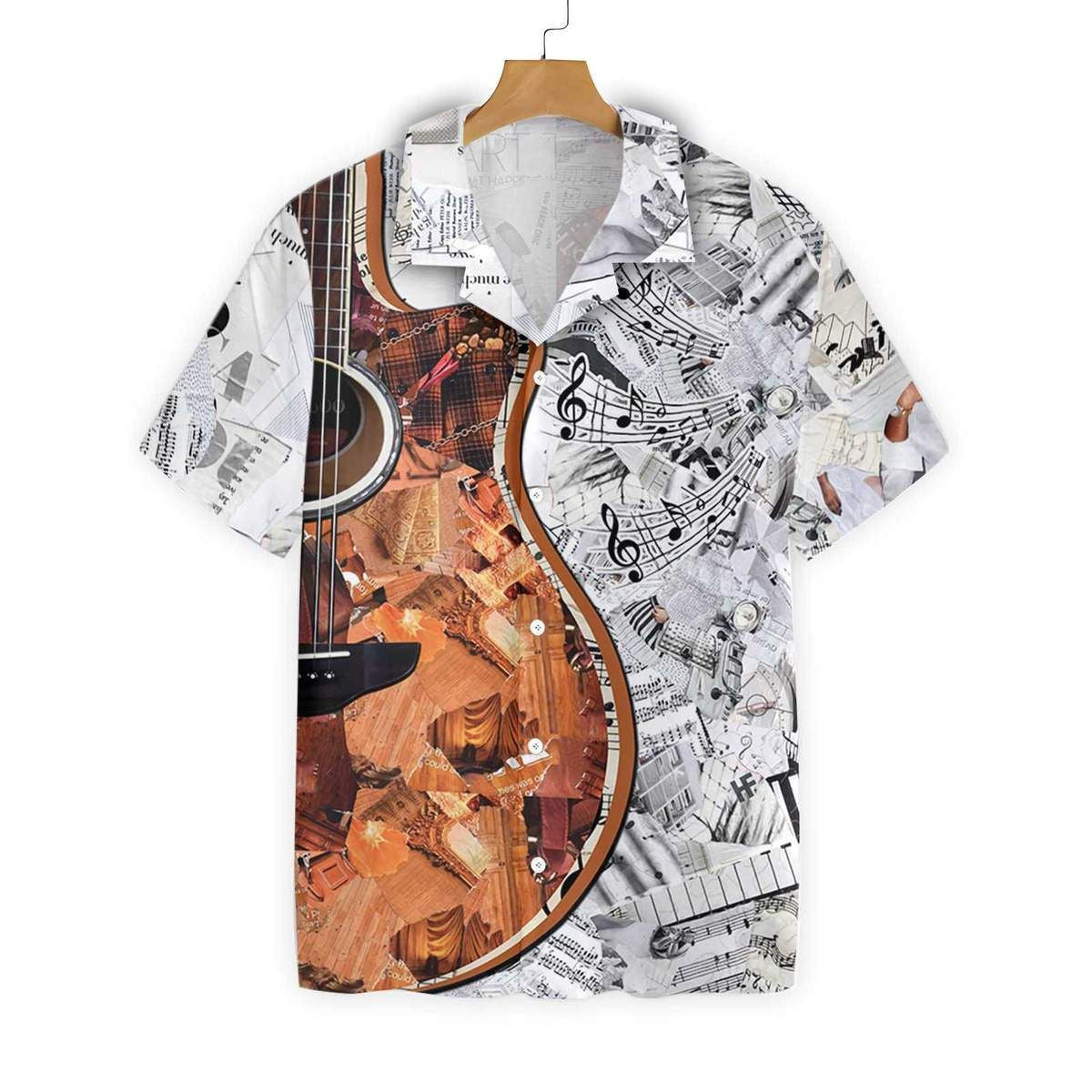Black And White Music Notes Brown Guitar Hawaiian Shirt, Hawaiian Shirt Gift, Christmas Gift