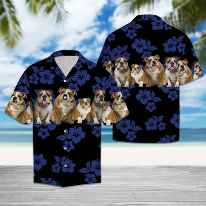 Lovely Bulldog With Blue Hibiscus In Black Design Hawaiian Shirt, Hawaiian Shirt Gift, Christmas Gift