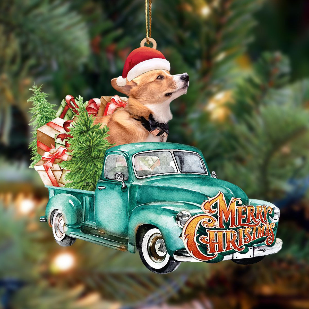Corgi-Green Truck Hanging Christmas Plastic Hanging Ornament, Christmas Gift, Christmas Decoration