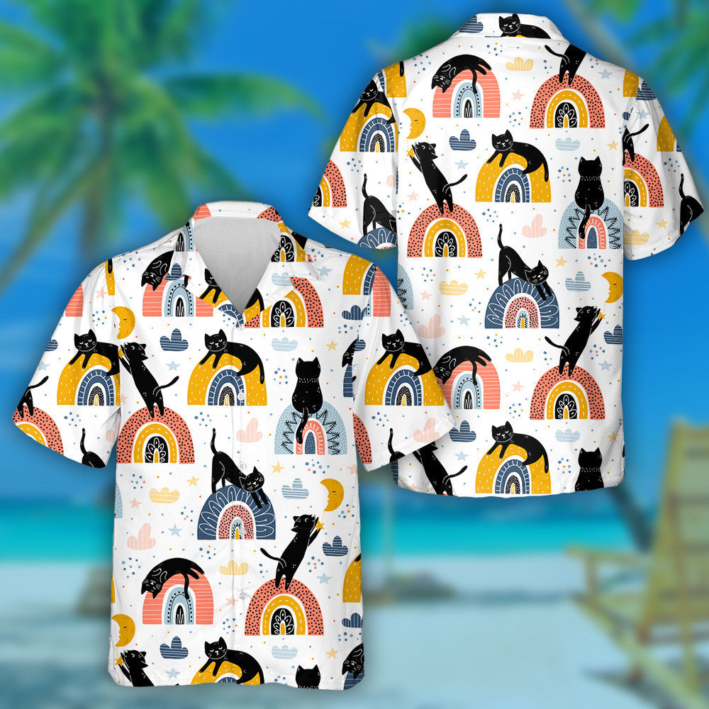 Black Cats And Rainbows Fantasy On White Background Hawaiian Shirt, Hawaiian Shirt Gift, Christmas Gift