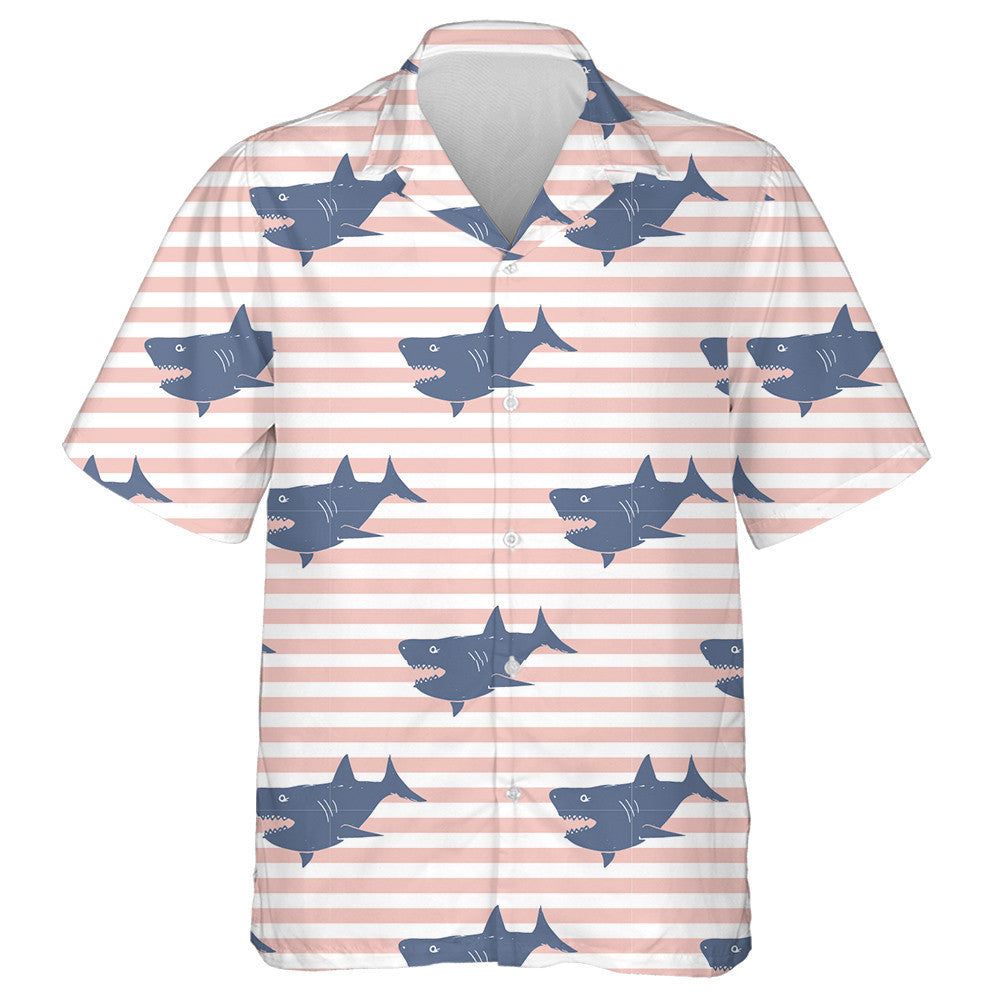 Sketched Doodle Shark On Coral White Striped Background Hawaiian Shirt, Hawaiian Shirt Gift, Christmas Gift