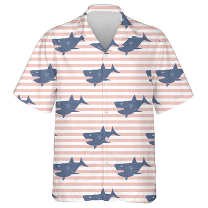 Sketched Doodle Shark On Coral White Striped Background Hawaiian Shirt, Hawaiian Shirt Gift, Christmas Gift