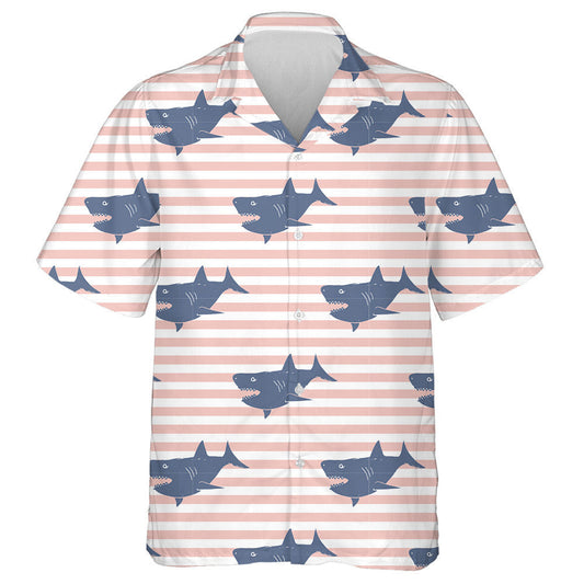 Sketched Doodle Shark On Coral White Striped Background Hawaiian Shirt, Hawaiian Shirt Gift, Christmas Gift