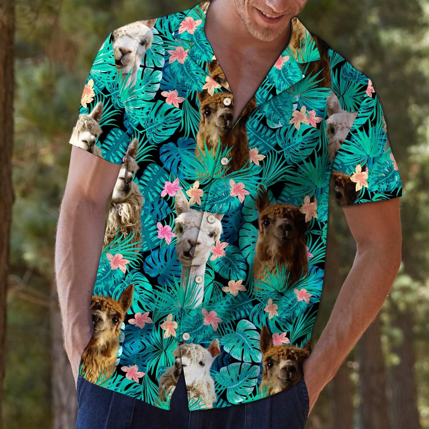 Llama Tropical Palm Tree Leaves Summer Vacation Aloha Hawaiian Shirt, Hawaiian Shirt Gift, Christmas Gift