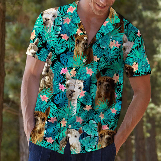 Llama Tropical Palm Tree Leaves Summer Vacation Aloha Hawaiian Shirt, Hawaiian Shirt Gift, Christmas Gift