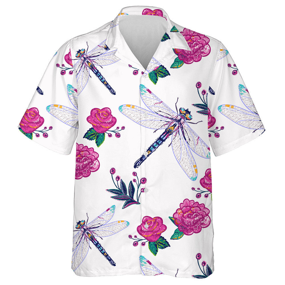 Embroidery Peony Flower And Beautiful Dragonfly Hawaiian Shirt,Hawaiian Shirt Gift, Christmas Gift