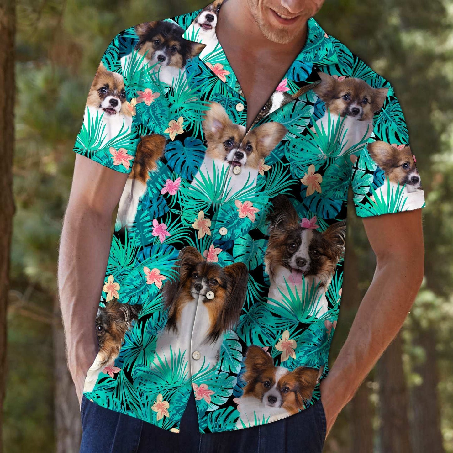 Funny Papillon Tropical Palm Leaves Summer Vacation Themed Hawaiian Shirt, Hawaiian Shirt Gift, Christmas Gift