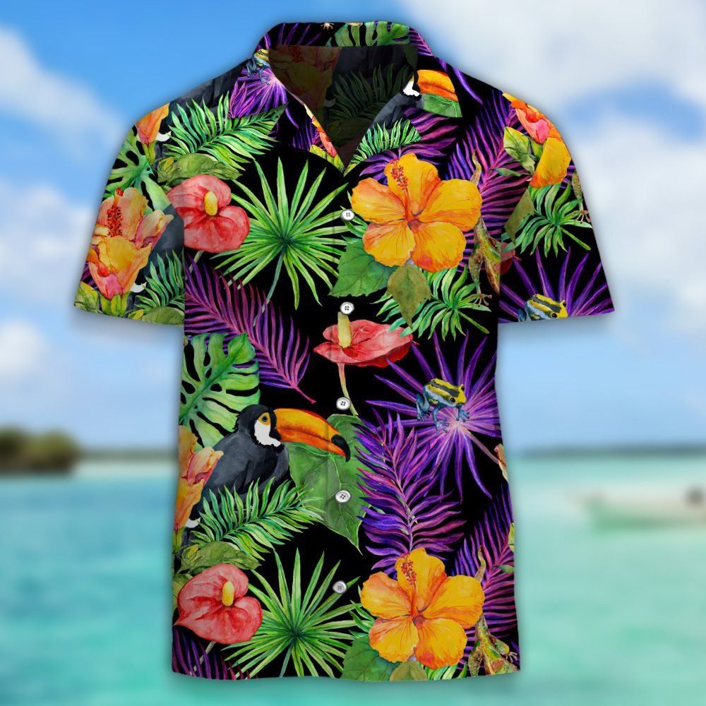 Tropical Toucan Bird Gecko Hawaiian Aloha Shirt Hawaiian Shorts Beach Short Shirt, Hawaiian Shirt Gift, Christmas Gift