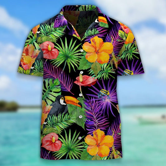 Tropical Toucan Bird Gecko Hawaiian Aloha Shirt Hawaiian Shorts Beach Short Shirt, Hawaiian Shirt Gift, Christmas Gift