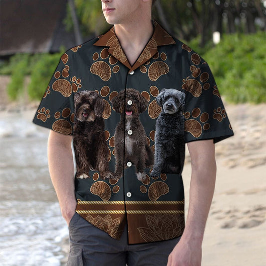 Three Schnoodle Dog With Brown Flower Paw Pattern Hawaiian Shirt, Hawaiian Shirt Gift, Christmas Gift