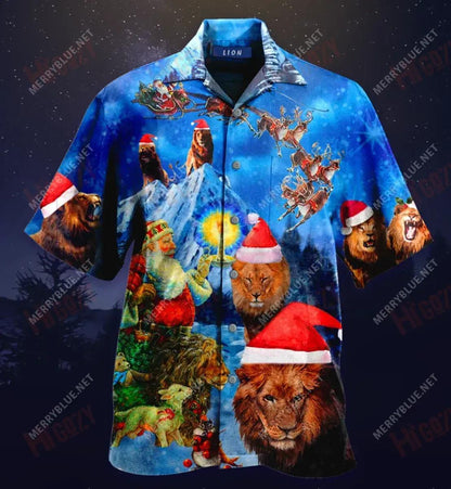 Lion On Christmas Short Hawaiian Shirt Summer Hawaiian T Shirts Tactical Hawaiian Shirt Crazy Shirts Hawaii, Hawaiian Shirt Gift, Christmas Gift