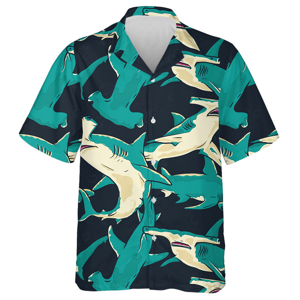 Blue Hammerhead Sharks Swimming Under The Sea Design Hawaiian Shirt, Hawaiian Shirt Gift, Christmas Gift