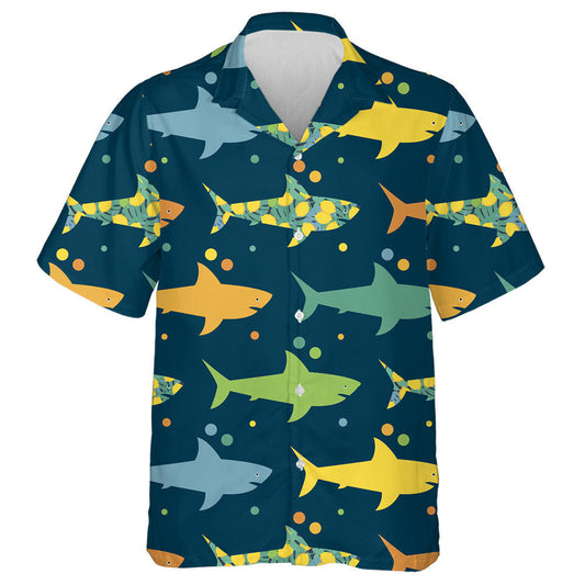 Colorful Sharks With Tropical Fruits And Leaves Pattern Hawaiian Shirt, Hawaiian Shirt Gift, Christmas Gift