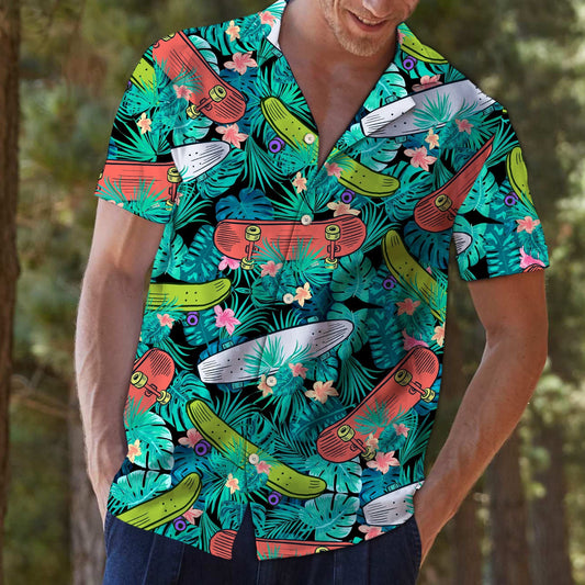 Drawing Colorful Skateboard On Tropical Leaves Themed Hawaiian Shirt, Hawaiian Shirt Gift, Christmas Gift