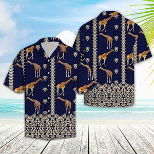 Giraffe With Symbolic Art In Deep Blue Hawaiian Shirt, Hawaiian Shirt Gift, Christmas Gift