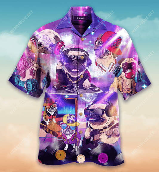 Feeling Music With Pugs Hawaiian Aloha Shirt Hawaiian Shorts Beach Short Sleeve, Hawaiian Shirt Gift, Christmas Gift
