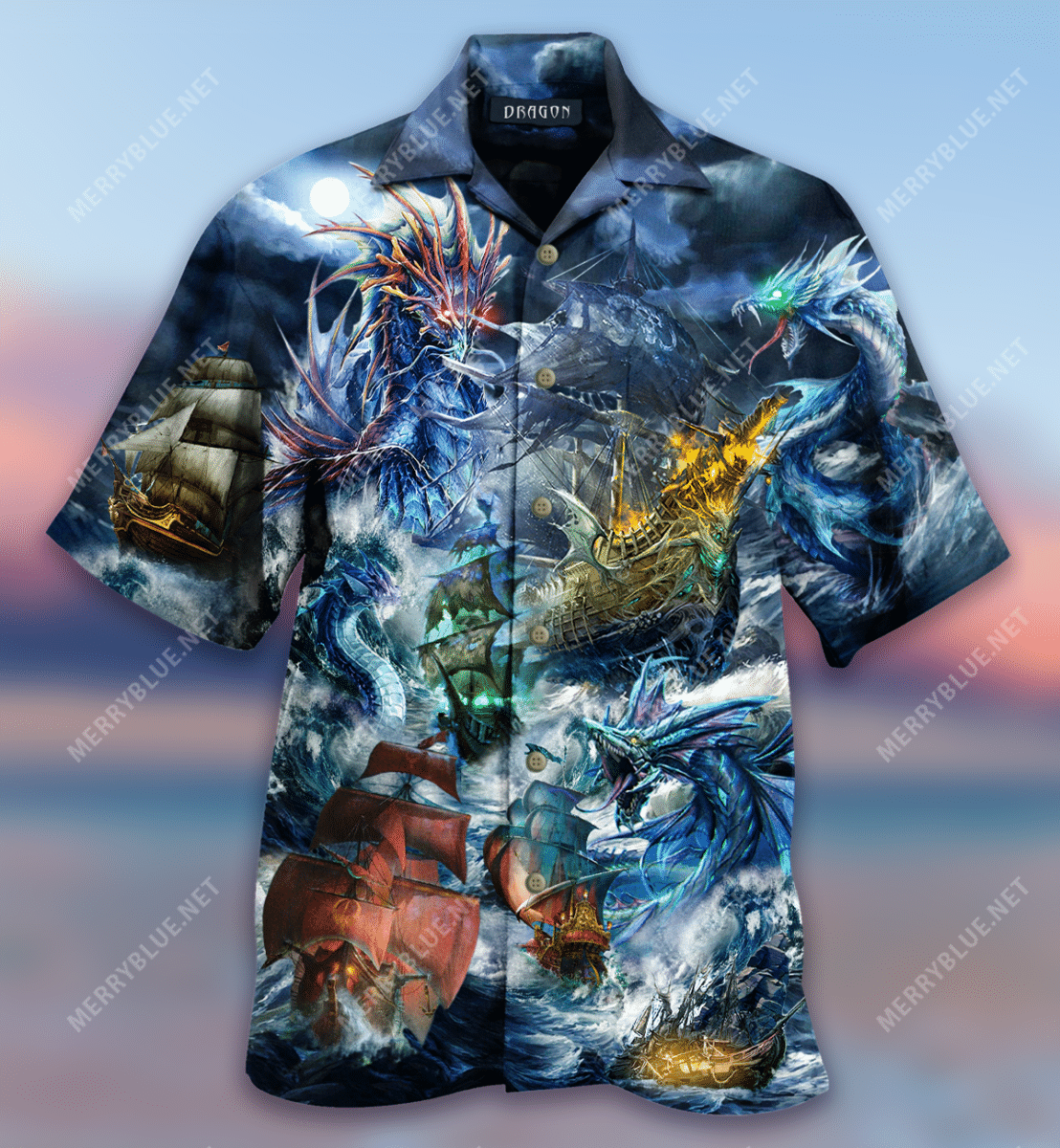 Fantasy Dragons And Ships Hawaiian Aloha Shirt Hawaiian Shorts Beach Short Sleeve, Hawaiian Shirt Gift, Christmas Gift