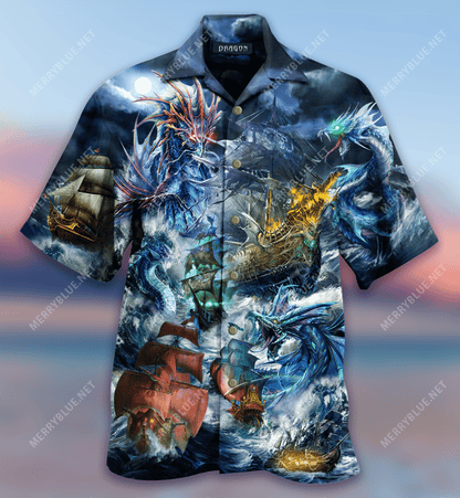Fantasy Dragons And Ships Hawaiian Aloha Shirt Hawaiian Shorts Beach Short Sleeve, Hawaiian Shirt Gift, Christmas Gift