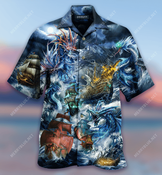 Fantasy Dragons And Ships Hawaiian Aloha Shirt Hawaiian Shorts Beach Short Sleeve, Hawaiian Shirt Gift, Christmas Gift